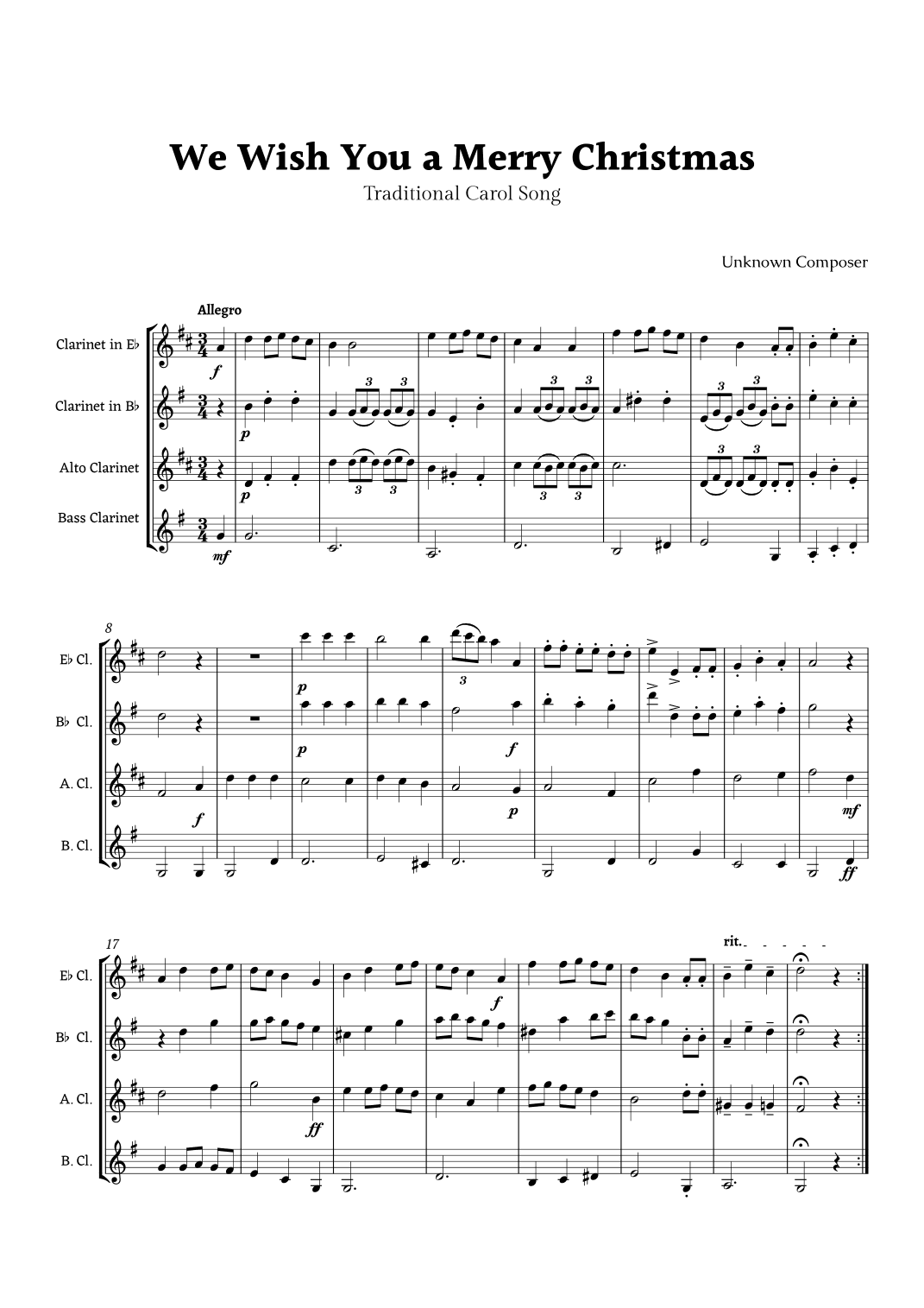 We Wish you a Merry Christmas for Clarinet Ensemble (arr. Rika K.)