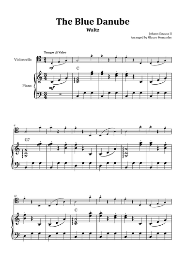 The Blue Danube - Cello and Piano with Chord Notations (arr. Glauco Fernandes)