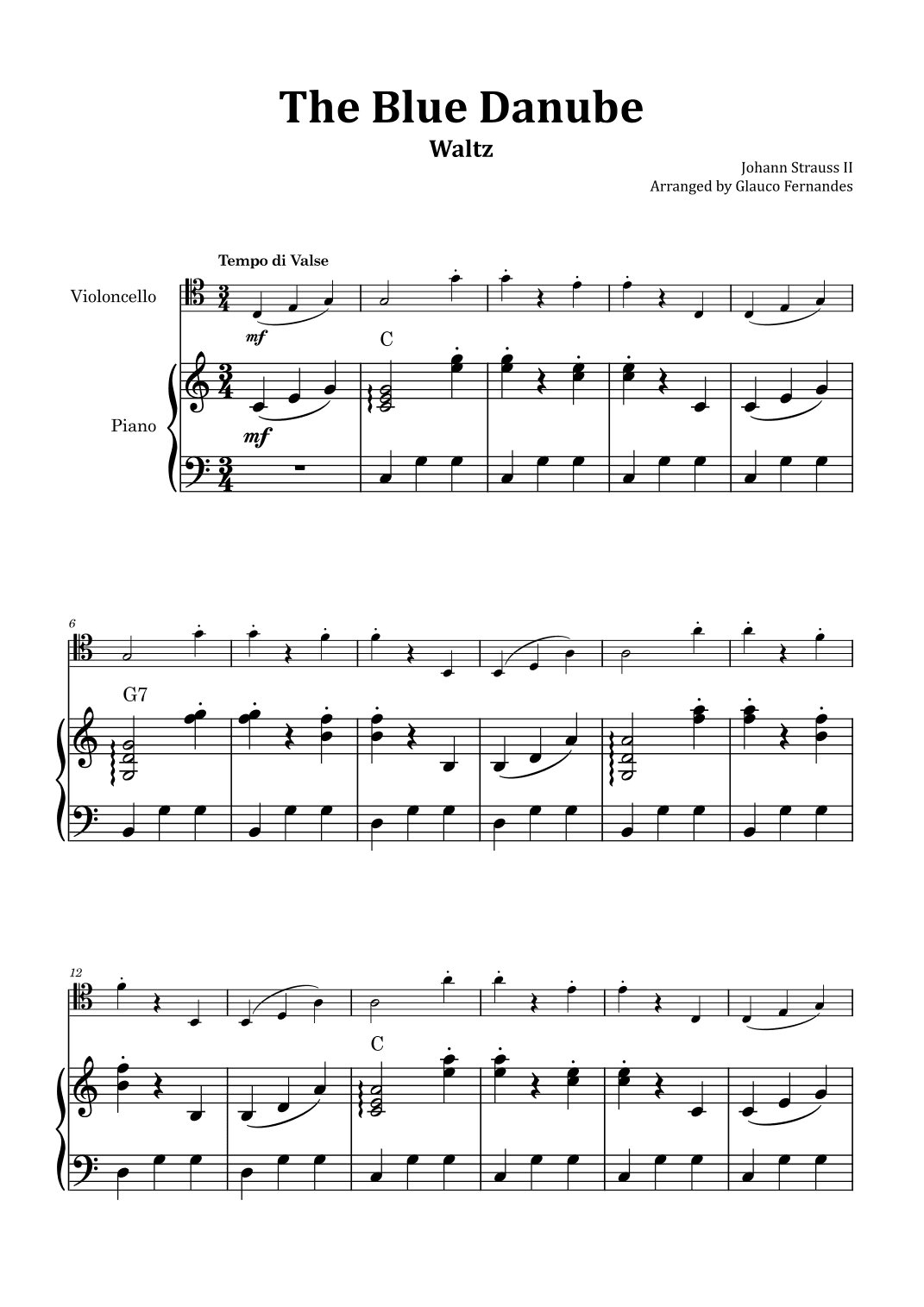 The Blue Danube - Cello and Piano with Chord Notations (arr. Glauco Fernandes)