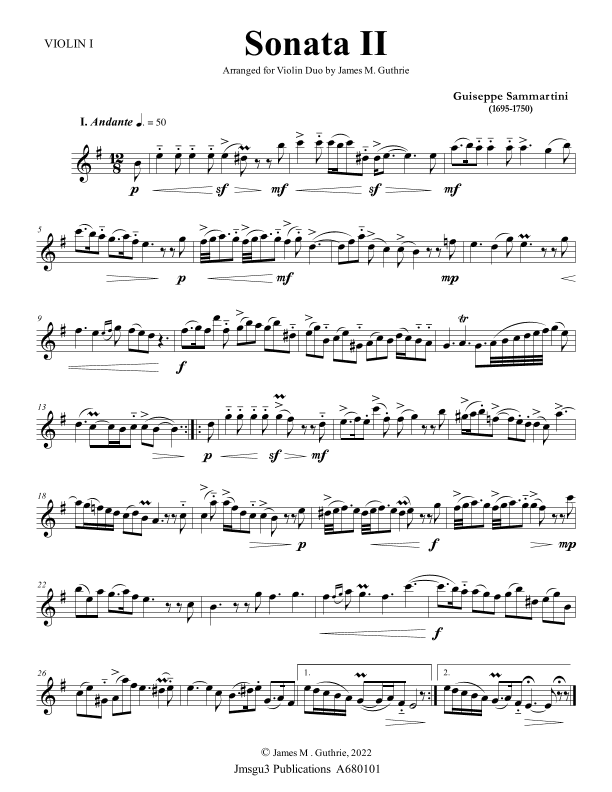 Sammartini: Sonata Op. 1 No. 2 for Violin Duo (arr. James M. Guthrie)