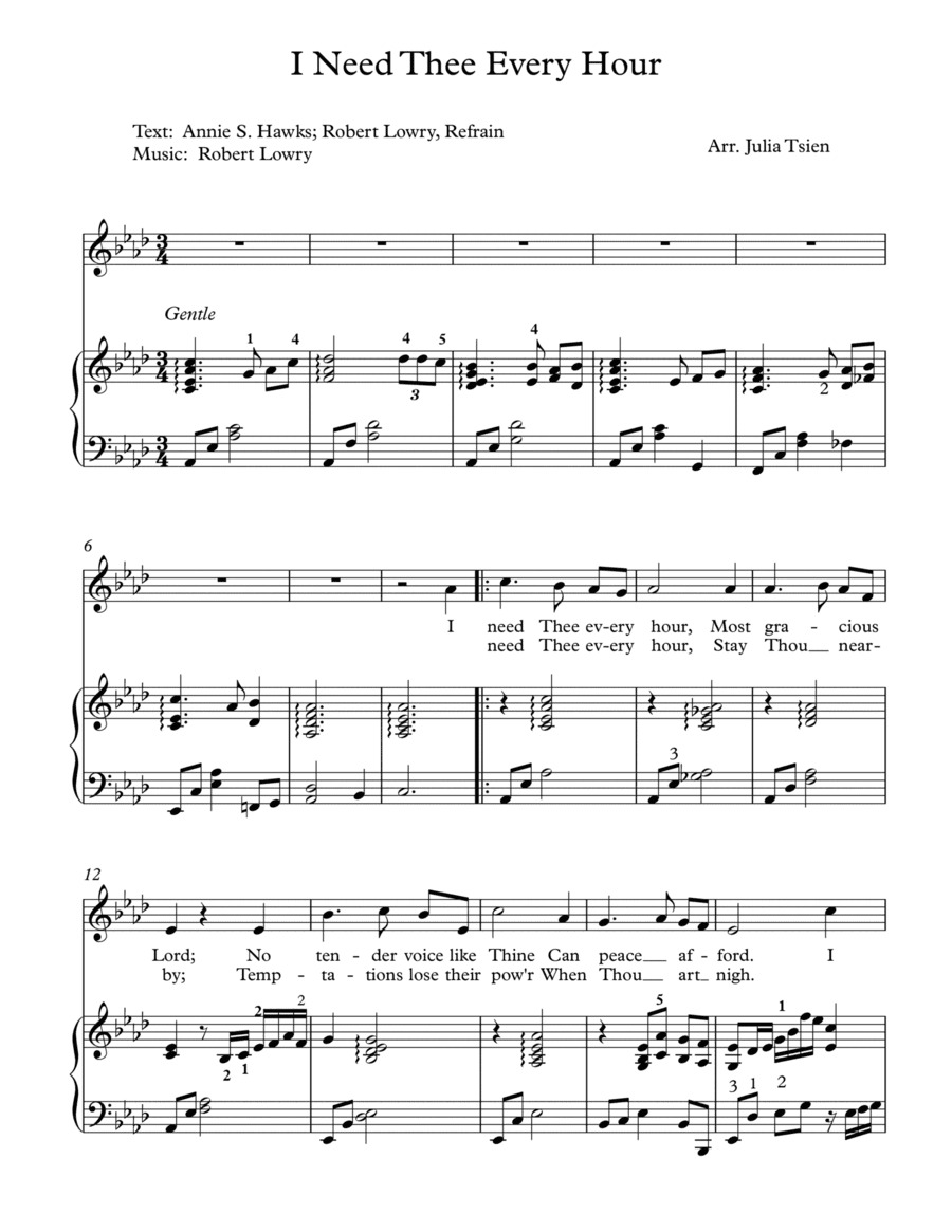 I Need Thee Every Hour, Alto or Baritone (arr. julia tsien)