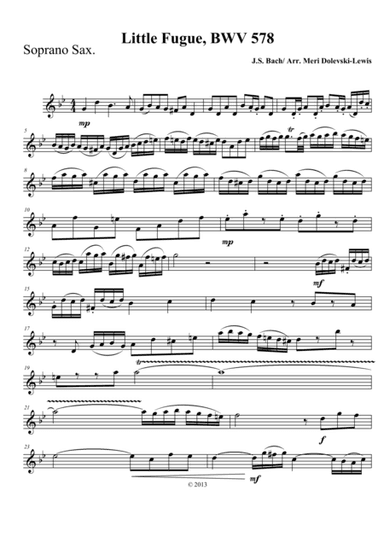 Little Fugue in G minor (transposed to D minor)--arr. sax quartet (SATB or AATB) (arr. Meri Dolevski)