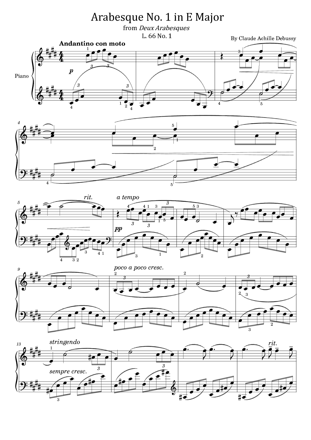 Arabesque L. 66 No. 1 in E Major - Andantino con moto - Debussy (arr. poon)