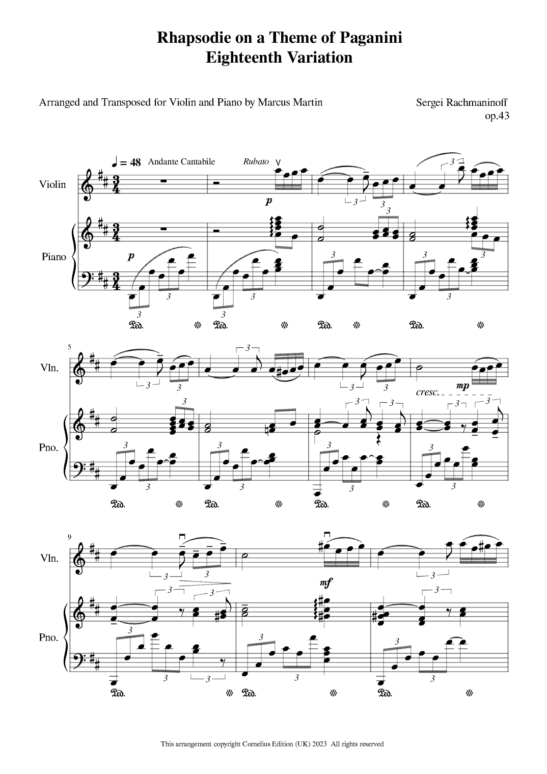 Rhapsody on a Theme of Paganni Eighteenth Variation arranged for Violin and Piano D major (arr. Marcus Martin)
