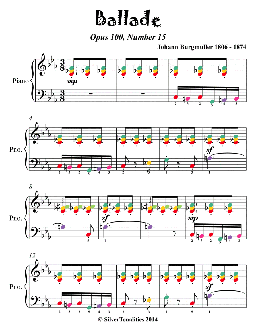 Ballade Opus 100 Number 15 Elementary Piano Sheet Music with Colored Notes (arr. SilverTonalities)