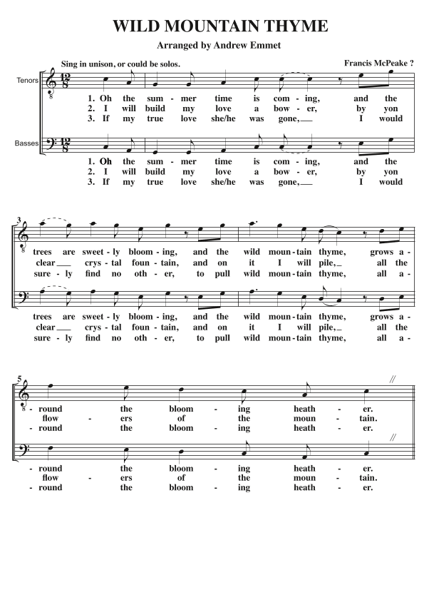 Wild Mountain Thyme A Cappella TTBB (arr. Andrew Emmet)