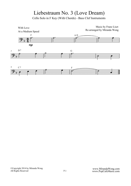 Liebestraum No.3 (Love Dream) - Romantic Easy Cello Music (Bass Clef) (arr. Miranda Wong)
