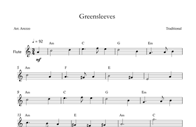 greensleeves Flute lead sheet - Flute Sheet Music - Celtic Music Chord Symbols (arr. Arezzo Music)