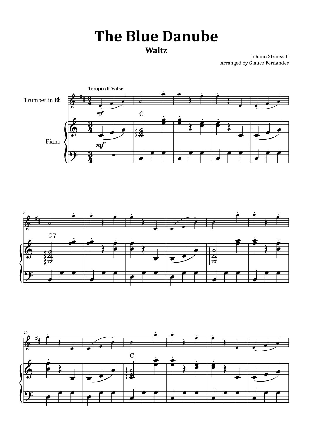 The Blue Danube - Trumpet and Piano with Chord Notations (arr. Glauco Fernandes)