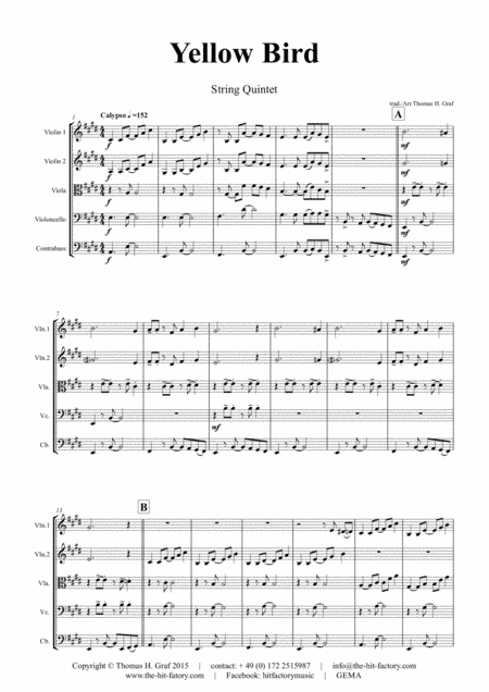 Yellow Bird - Haitian Folk Song - Calypso - String Quintet - Arrangement: Thomas H. Graf (arr. Thomas H. Graf)