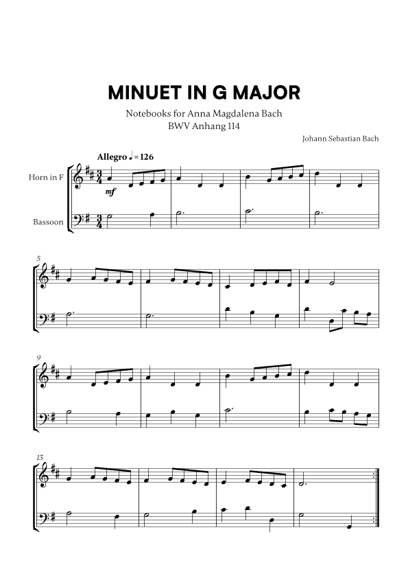 Minuet in G Major (BWV Anh. 114) (for French Horn and Bassoon) (arr. Cadenza Editions)