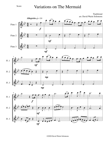 Variations on The Mermaid for flute trio (3 C flutes) (arr. David Warin Solomons)