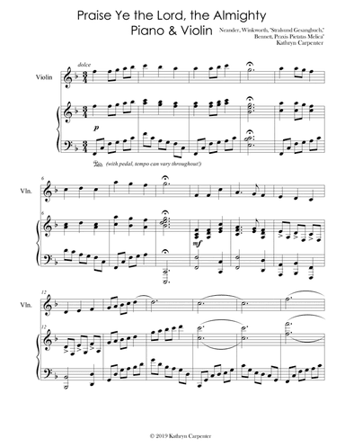 Praise Ye the Lord, the Almighty (Advanced Piano & Violin) (arr. Kathryn Carpenter)