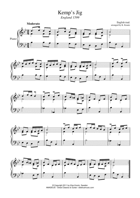 Kemp's Jig for piano solo (Bb Major) (arr. K. Krantz)