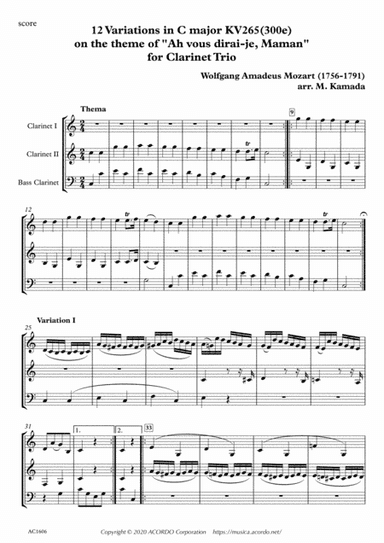 12 Variations in C major KV265(300e) on the theme of "Ah vous dirai-je, Maman" for Clarinet Trio (arr. Kamada, Mikio)