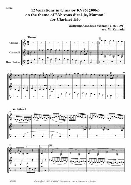 12 Variations in C major KV265(300e) on the theme of "Ah vous dirai-je, Maman" for Clarinet Trio (arr. Kamada, Mikio)