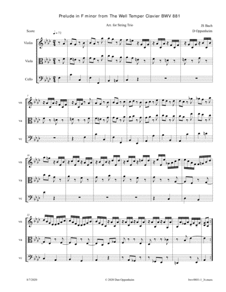 Bach: Prelude in F Minor from The Well Tempered Clavier (BWV 881) arr. for String trio (arr. D Oppenheim)