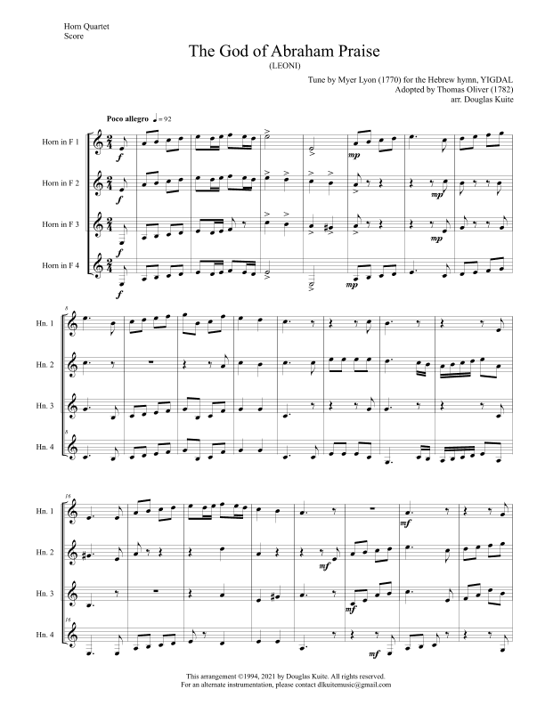 "The God of Abraham Praise" (LEONI) for horn quartet (arr. Douglas Kuite)