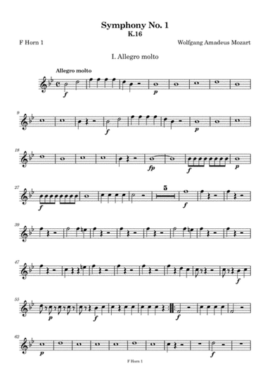 Mozart, Symhony No. 1, transposed horn parts (arr. Maxime's Music)