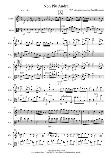 Non Più Andrai for Violin and Viola Duet (arr. David Burndrett)