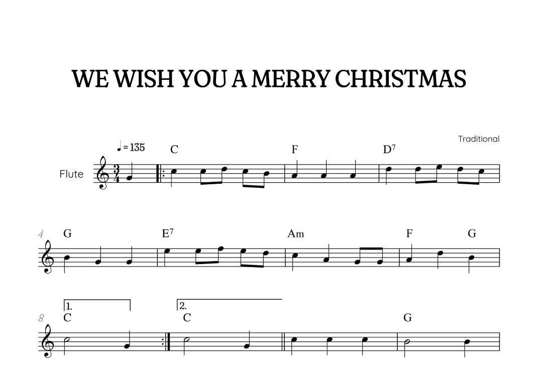 We Wish You a Merry Christmas for flute • easy Christmas sheet music with chords (arr. Benzaiten Editions)