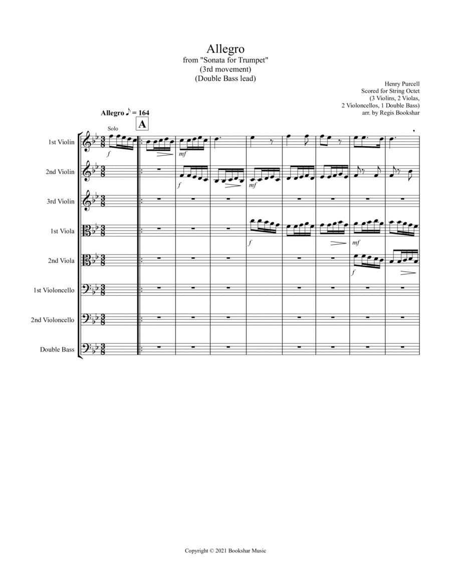 Allegro (from "Sonata for Trumpet") (Bb) (String Octet - 3 Violins, 2 Violas, 2 Cellos, 1 Bass) (Dou (arr. Regis Bookshar)