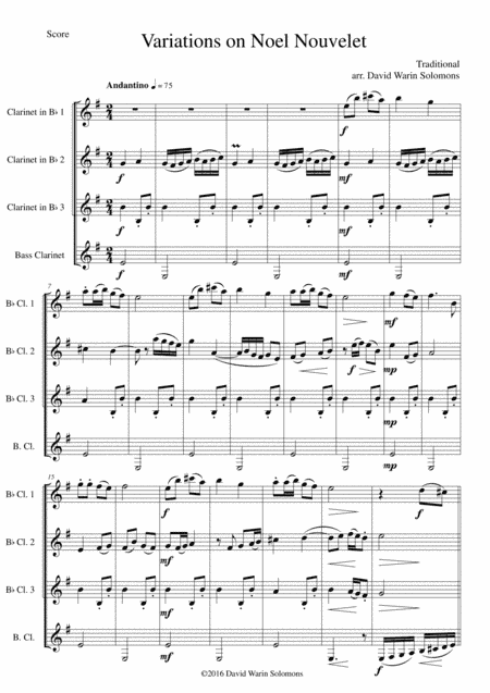 Variations on Noel Nouvelet for clarinet quartet (arr. David Warin Solomons)
