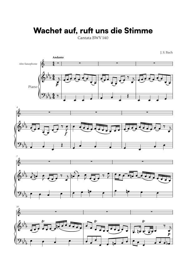 Wachet auf, ruft uns die Stimme (for Alto Sax and Piano) (arr. Cadenza Editions)