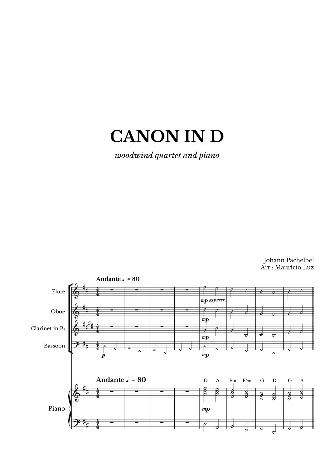 Canon in D for Woodwind Quartet and Piano with chords (arr. Maurício Luz)