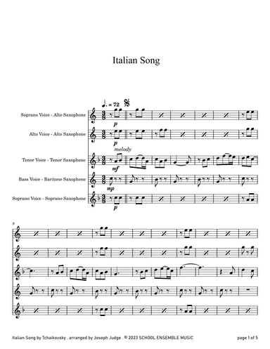 Italian Song by Tchaikovsky for Saxophone Quartet in Schools (arr. Joseph Judge)
