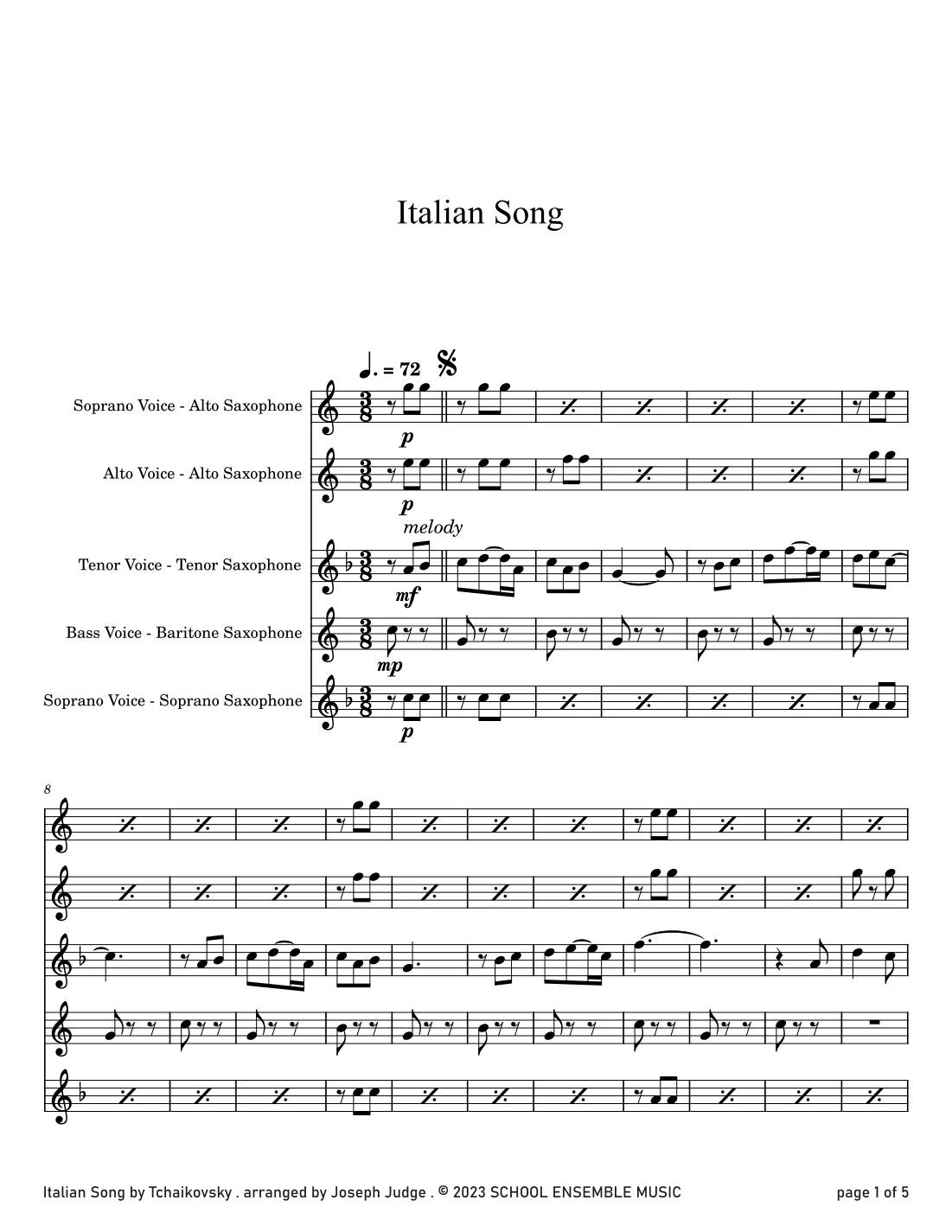 Italian Song by Tchaikovsky for Saxophone Quartet in Schools (arr. Joseph Judge)