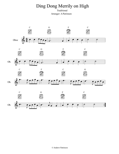 Ding Dong Merrily on High for Easy Oboe with Guitar Chords (arr. Andrew Pattinson)