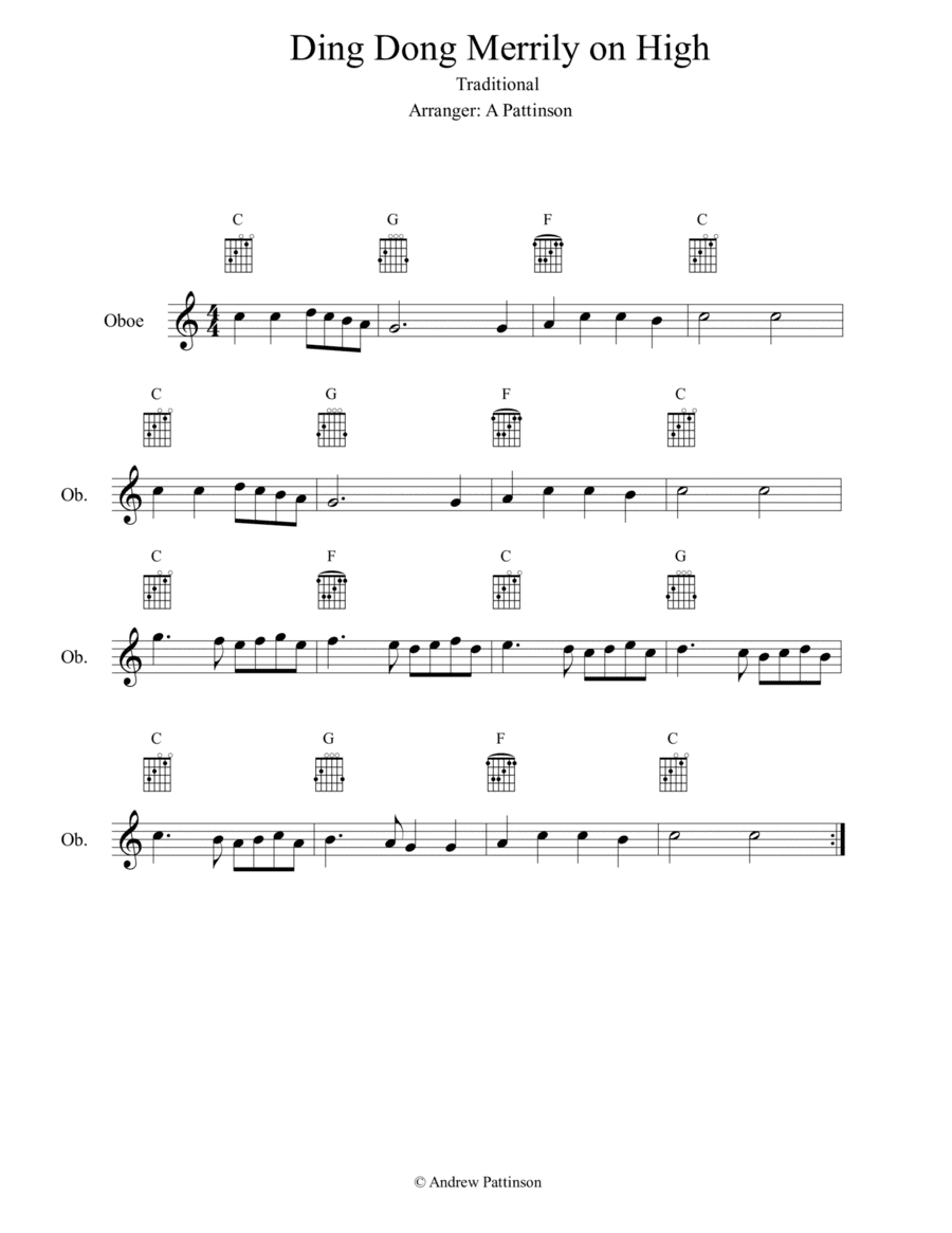 Ding Dong Merrily on High for Easy Oboe with Guitar Chords (arr. Andrew Pattinson)