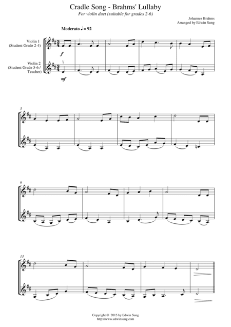 Cradle Song - Brahms’ Lullaby (for violin duet, suitable for grades 2-6) (arr. Edwin Sung)
