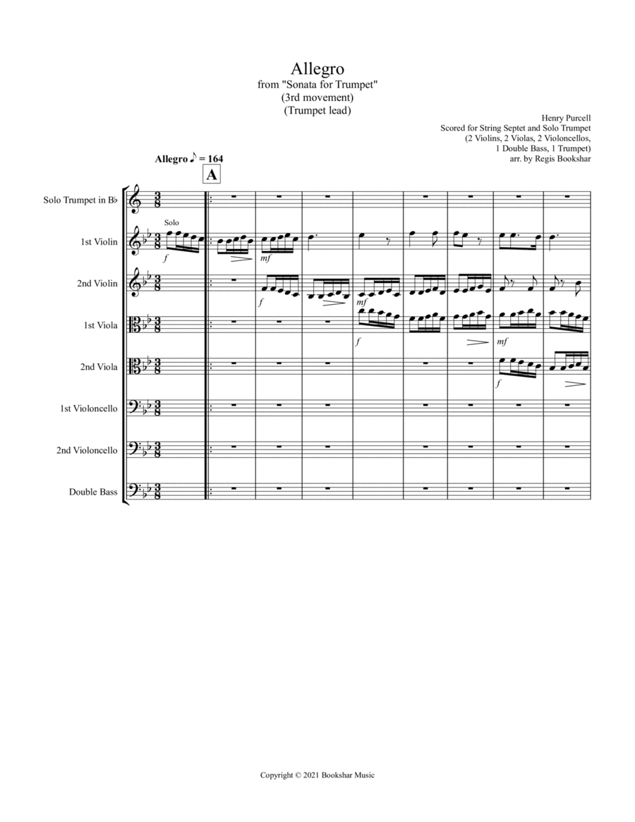 Allegro (from "Sonata for Trumpet") (Bb) (String Septet - 2 Violins, 2 Violas, 2 Cellos, 1 Bass with (arr. Regis Bookshar)