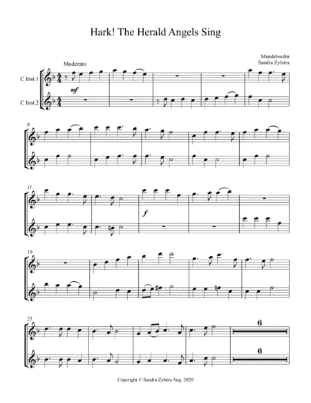 Hark! The Herald Angels Sing (treble C instrument duet, parts only) (arr. Sandra Zylstra)