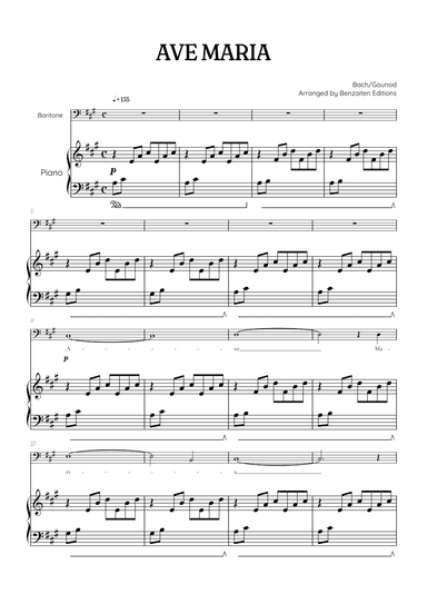 Bach / Gounod Ave Maria in A major • baritone sheet music with piano accompaniment (arr. Benzaiten Editions)