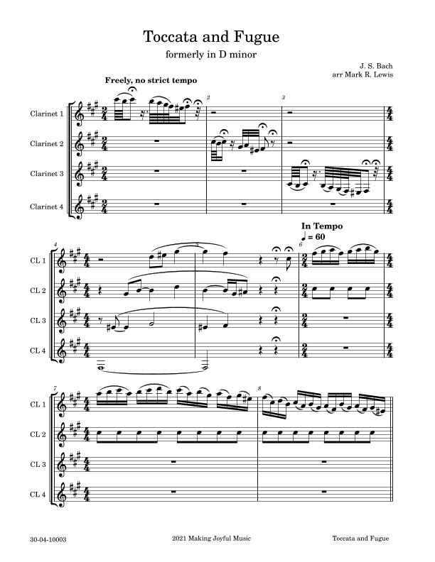 Tocatta and Fugue: formerly in D minor - Clarinet Quartet (arr. Mark R Lewis)
