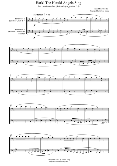 Hark! The Herald Angels Sing (for trombone duet, suitable for grades 1-5) (arr. Edwin Sung)