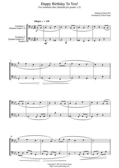 Happy Birthday To You! (for trombone duet (bass clef) duet, suitable for grades 1-5) (arr. Mildred & Patty Hill)
