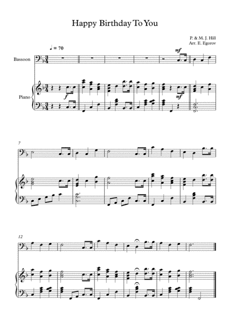 Happy Birthday To You, Patty & Mildred J. Hill, For Bassoon & Piano (arr. Eugene Egorov)