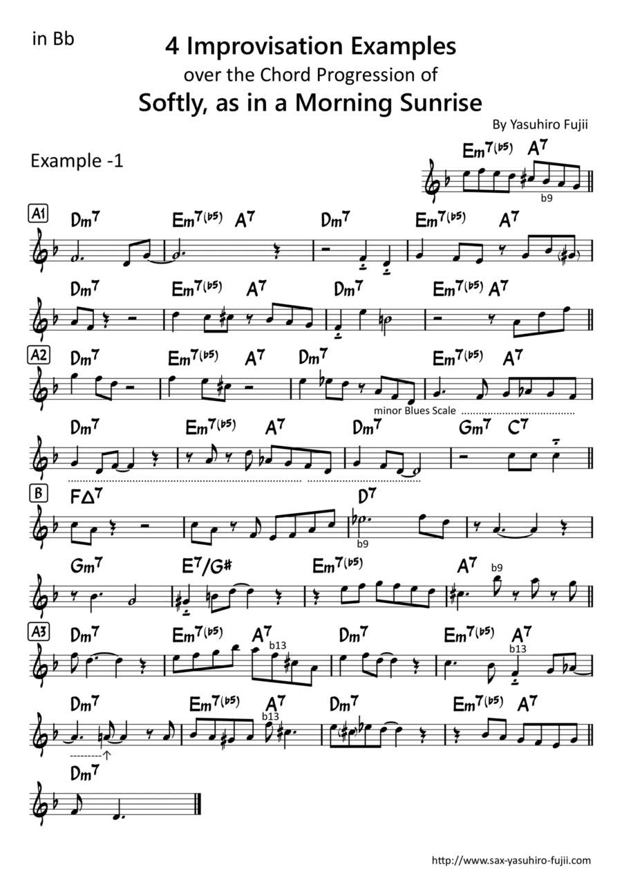 4 Improvisation Examples over the Chord Progression of Softly, as in a morning sunrise for Tenor Sax