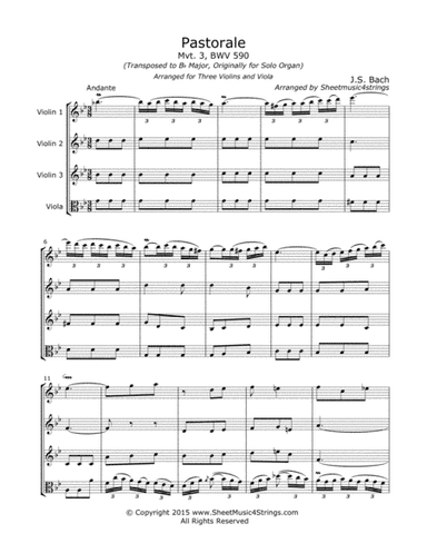 Bach, J.S. - Pastorale in F for Three Violins and Viola (arr. Linda M. Scott)