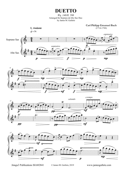 CPE Bach: Duetto Wq. 140 for Soprano & Alto Sax Duo (arr. James M. Guthrie, ASCAP)