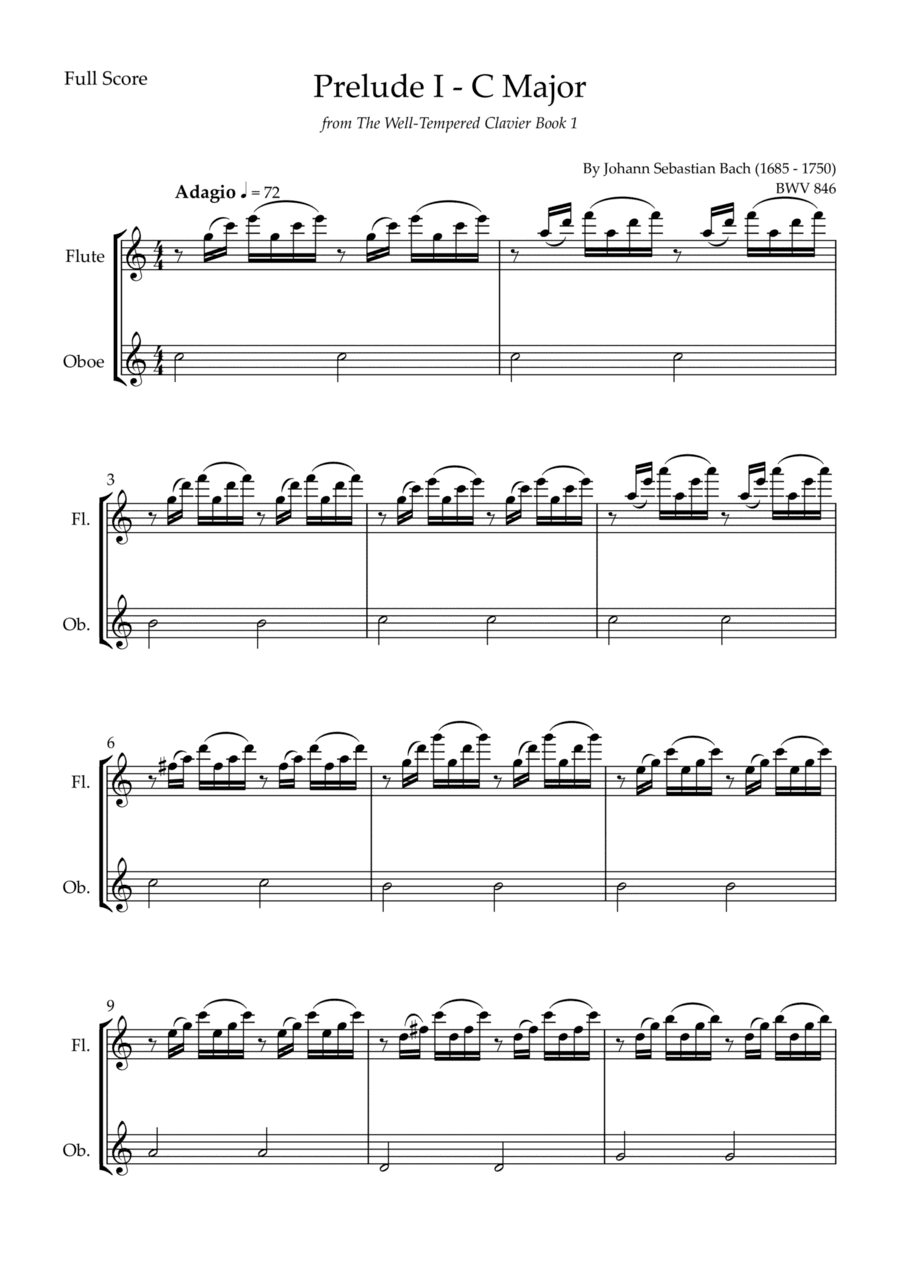 Prelude 1 in C Major BWV 846 (from Well-Tempered Clavier Book 1) for Flute & Oboe Duo (arr. Fabio Britto)