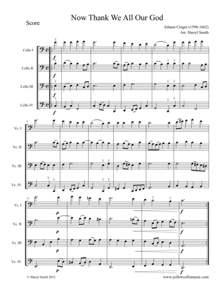 Now Thank We All Our God, a hymn arranged for four intermediate cellos (arr. Yellow Cello Music)