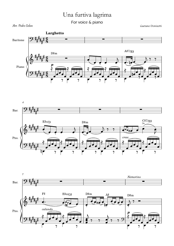 Una Furtiva Lagrima (Baritone in D#m) (arr. Pedro Cohen)