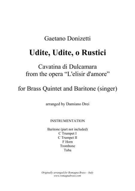 Udite Udite o Rustici - Elisir d'Amore - for Brass Quintet and Baritone (arr. Damiano Drei)