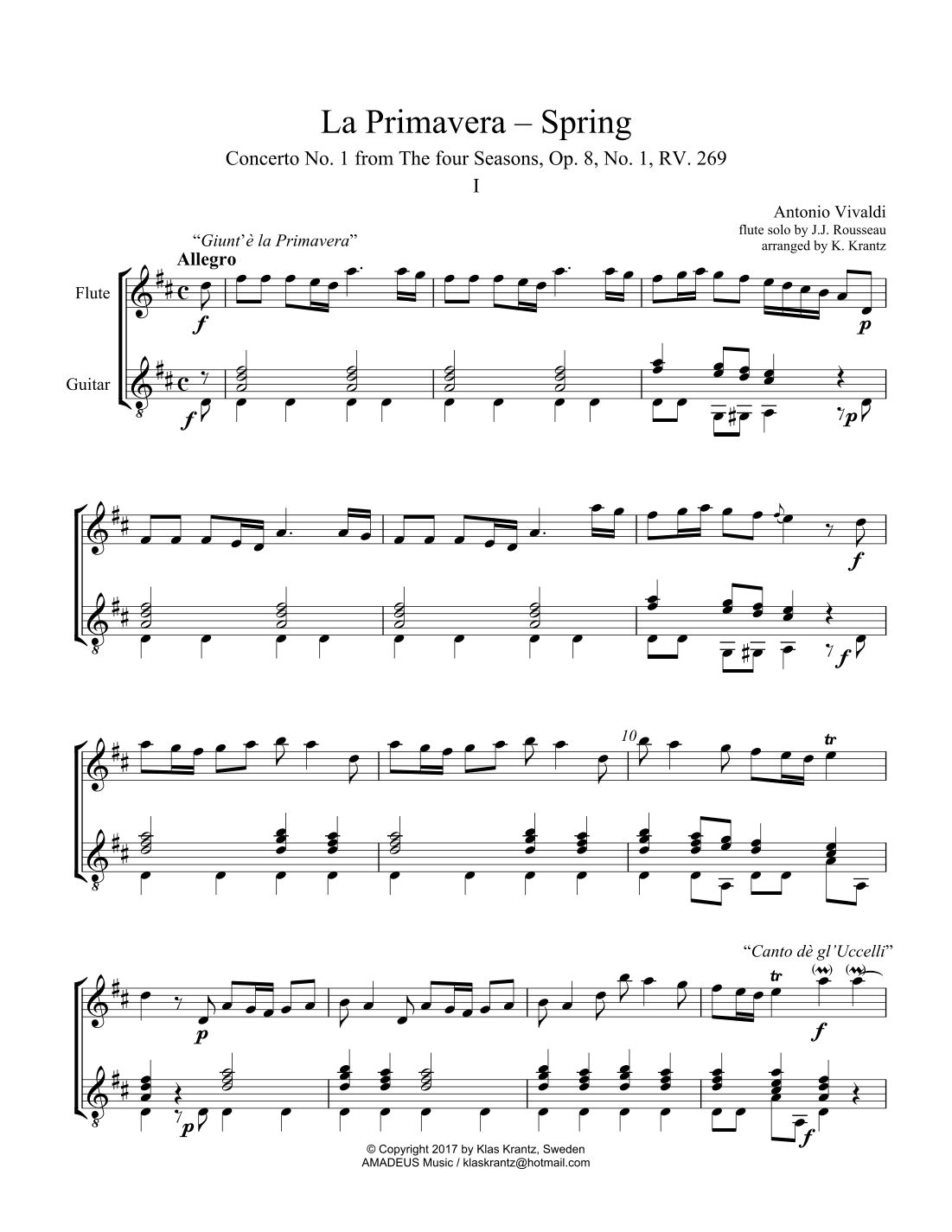 Allegro (i) from La Primavera (Spring) RV. 269 for flute (violin) and guitar (arr. K. Krantz)