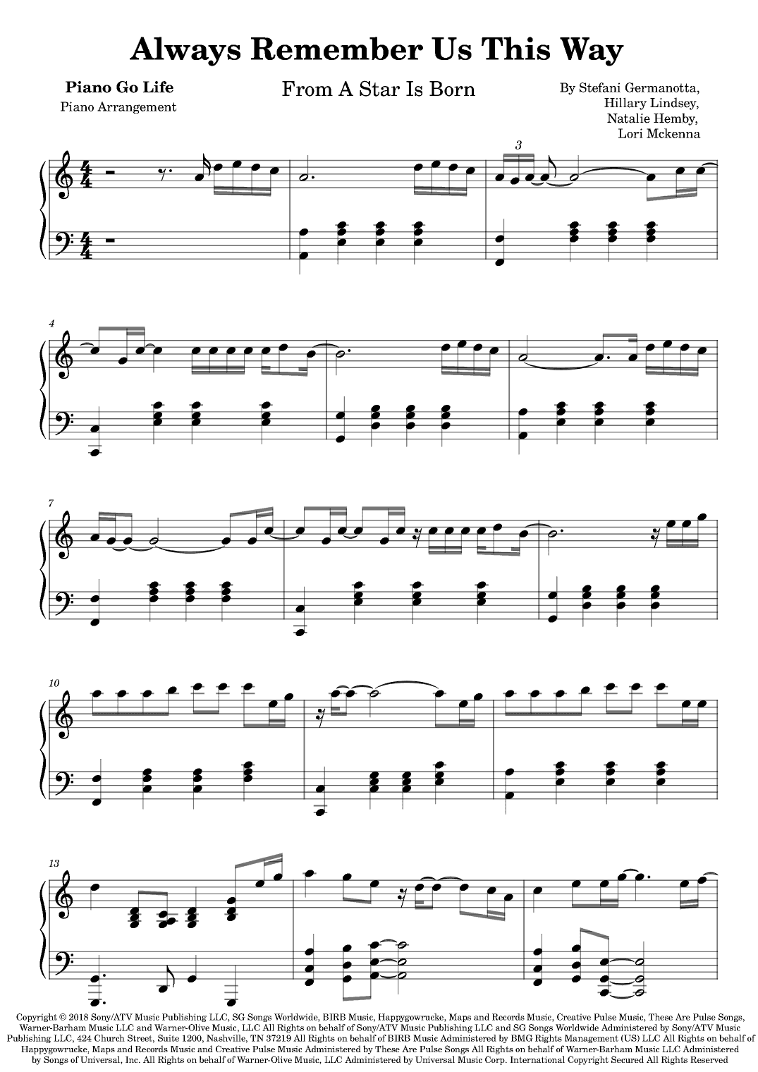 Always Remember Us This Way (arr. Piano Go Life)